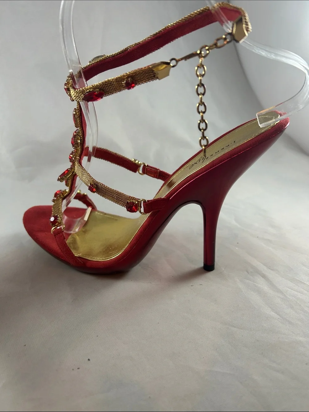 Red Jeweled T-Strap Slingback Heels - Picture 4 of 15
